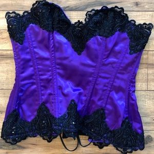 Purple Satin and Beaded Black Lace Corset